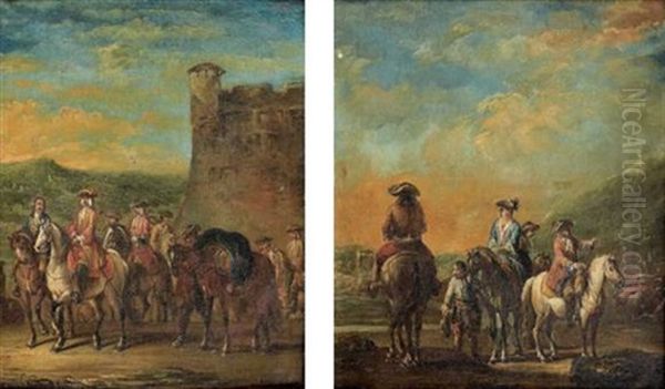 Cavaliers Devant Un Chateau Fortifie (+ Une Halte De Cavaliers Dans La Campagne Venitienne; Pair) Oil Painting by Francesco Simonini