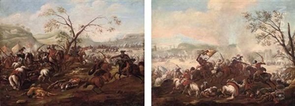 A Cavalry Battle Between Christians And Turks (+ A Cavalry Battle Between Christians And Turks, A Fortress Beyond; Pair) Oil Painting by Francesco Simonini