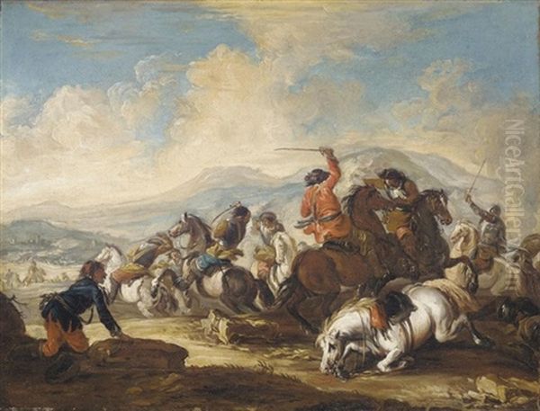 A Battle Scene In A Mountainous Landscape Oil Painting by Francesco Simonini