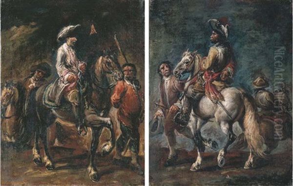 A Cavalier Wearing A Red Sash With His Groom, Another Horseman Beyond (+ A Cavalier In A White Satin Coat With A Pink Waistcoat And His Groom, A Horseman Beyond; Pair) Oil Painting by Francesco Simonini