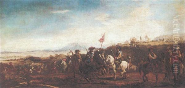 A Cavalry Engagement With A Hilltop Chruch Beyond Oil Painting by Francesco Simonini