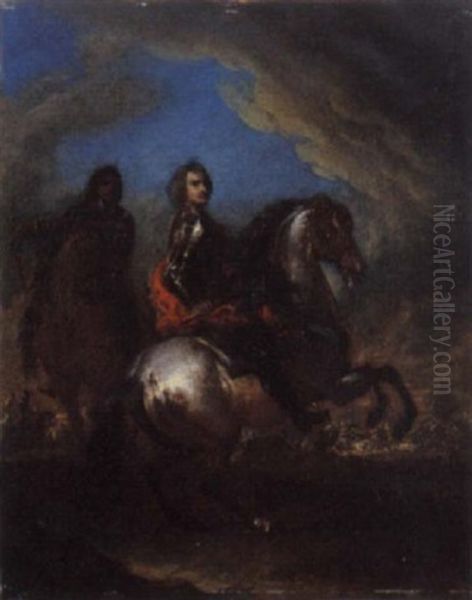 Ritratto Di Condottiero A Cavallo, Con Corazza E Mantello Rosso, Ed Un Cavaliere Al Suo Fianco Oil Painting by Francesco Simonini