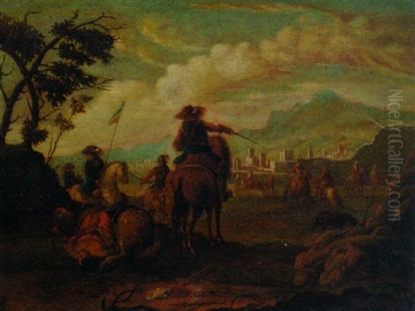 Cavalrymen Before A Town In A Landscape Oil Painting by Francesco Simonini