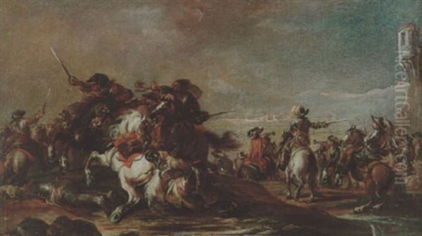 A Cavalry Skirmish - Sounding The Bugle Oil Painting by Francesco Simonini