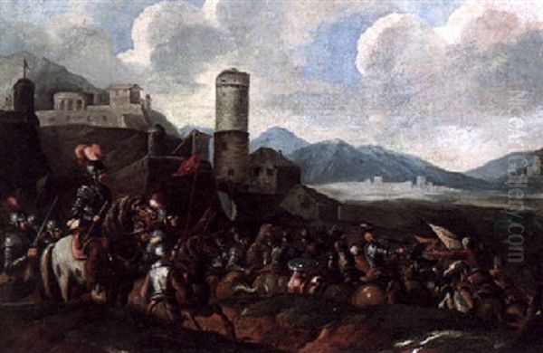 A Cavalry Skirmish Outside The Walls Of A Fortified Town Oil Painting by Francesco Simonini