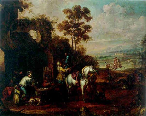 Sportsmen Taking Refreshments And Playing Cards At An Inn Oil Painting by Francesco Simonini