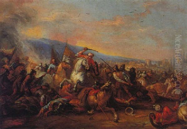 Battle Scene With The Santa Sofia Mosque In The Background Oil Painting by Francesco Simonini