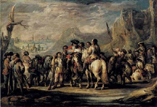 A Rocky Landscape With A Captain Giving Orders To A Group Of Military Figures Oil Painting by Francesco Simonini