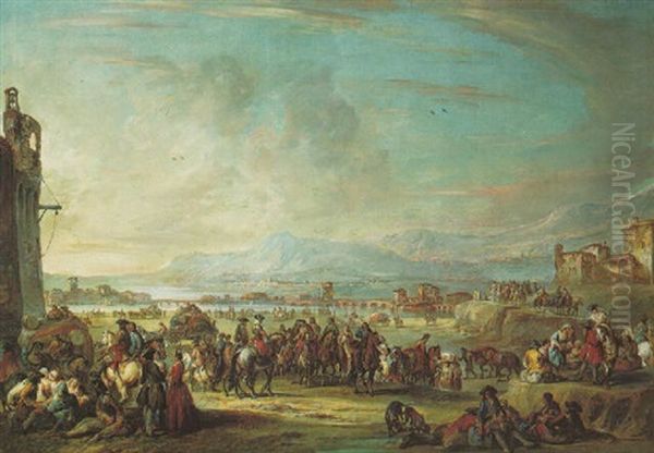 A Calvary Column Halted By A Town, An Aqueduct And Mountains Beyond Oil Painting by Francesco Simonini