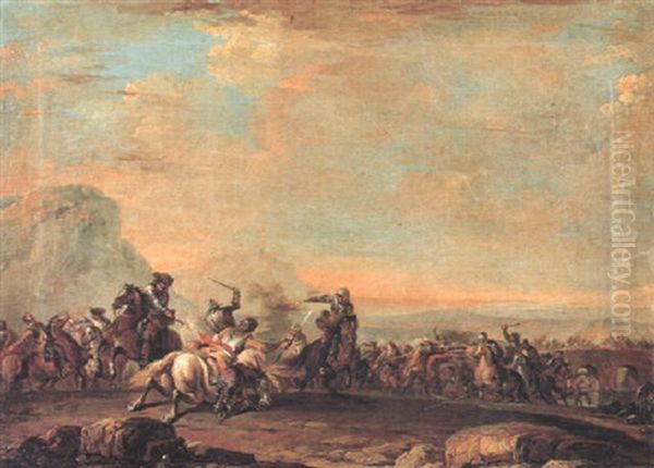 Cavalry Skirmish Before A Bridge Oil Painting by Francesco Simonini