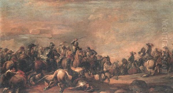 A Cavalry Skirmish Between Saracens And Mounted Soldiers Oil Painting by Francesco Simonini