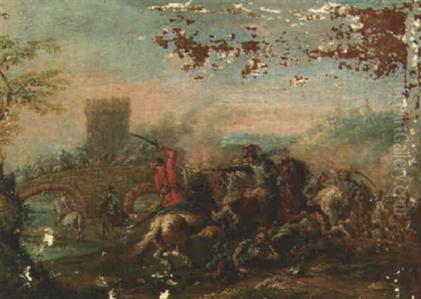 A Cavalry Engagment Near A Bridge Oil Painting by Francesco Simonini