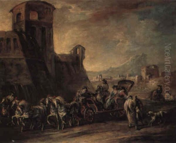 Elegant Figures In A Carriage Giving Alms To Peasants By A Castle Oil Painting by Francesco Simonini