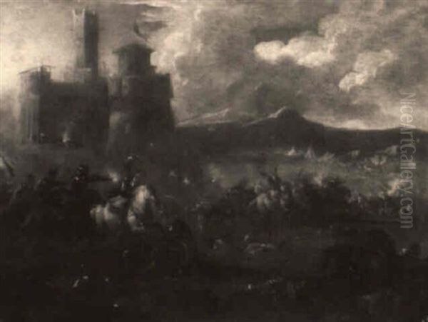 Battle Scene With Calvary Before A Castle, A Bivouac In The Distance Oil Painting by Francesco Simonini