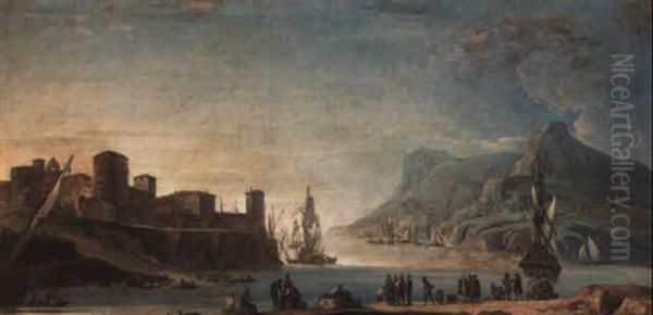 A Mediterranean Port With Fisherfolk And Travellers On A Quay Oil Painting by Francesco Simonini