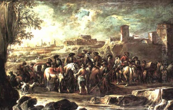 A Troop Of Horsemen Near A Castle Oil Painting by Francesco Simonini