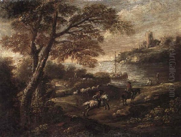 Horsement Approaching An Estuary Oil Painting by Francesco Simonini