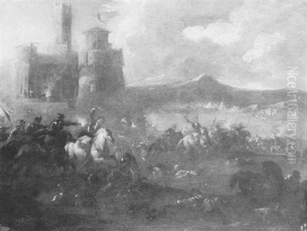 Battle Scene With Calvalry Before A Castle, A Bivouac In Thedistance Oil Painting by Francesco Simonini