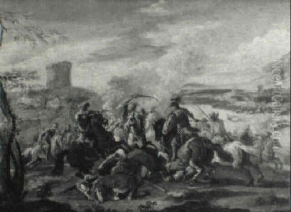 Military Skirmishes Near Towers And A Walled Town Oil Painting by Francesco Simonini