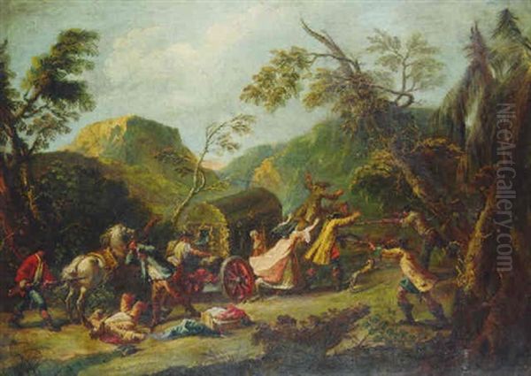 An Attack On A Carriage Carrying Passengers In An Extensive Mountain Landscape Oil Painting by Francesco Simonini