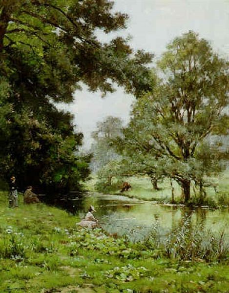 Fishing By A River Oil Painting by Lucien Simonnet