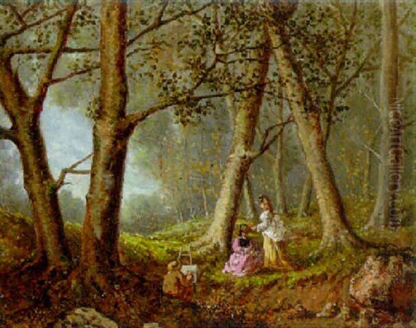 Elegant Ladies In A Woodland Landscape Oil Painting by Lucien Simonnet