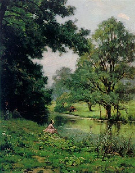 Fishing By A River Oil Painting by Lucien Simonnet