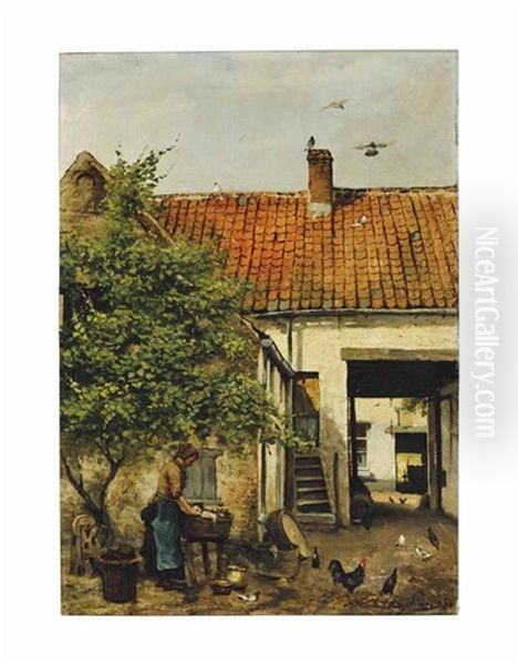 Washing In The Courtyard Oil Painting by Frans Jan Simons