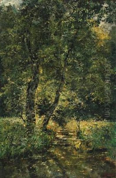 Summer Forest With Stream Oil Painting by Frans Jan Simons