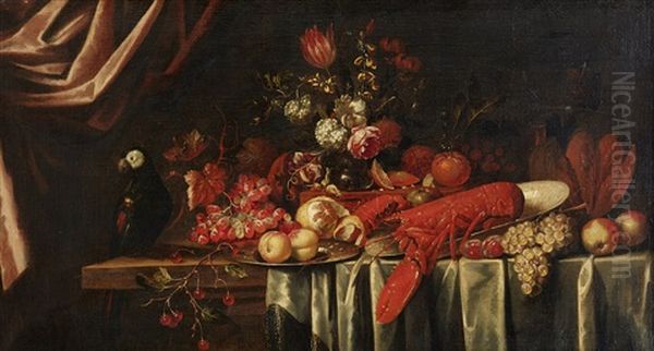 Still Life With Lobster, Fruits And A Bird Oil Painting by Michiel Simons