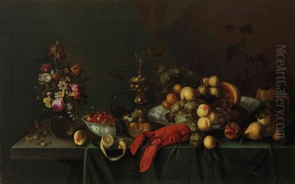 Still Life With Flowers, Fruits And Lobster Oil Painting by Michiel Simons