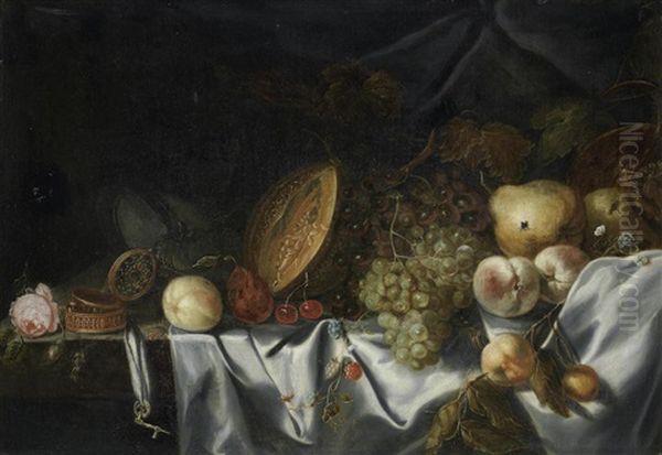 Grapes, Pears, Peaches, Mulberries, A Melon And Other Fruit With An Upturned Nautilus Beaker And A Fob Watch On A Draped Table Oil Painting by Michiel Simons