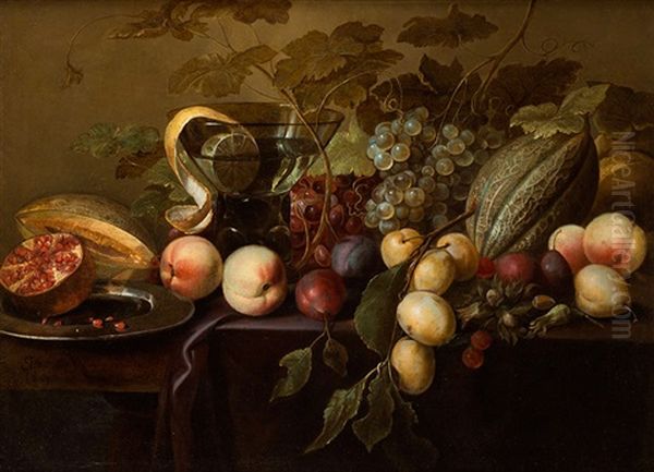 Grenade, Peche, Raisins, Noisettes Et Cerises Sur Un Entablement Avec Un Verre Romer Oil Painting by Michiel Simons