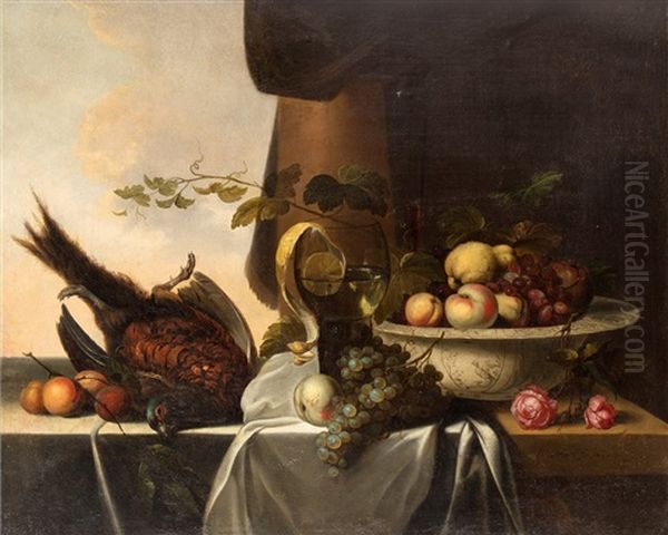 Still Life With Pheasant, Roemer With Lemon And Bowl With Fruits Oil Painting by Michiel Simons