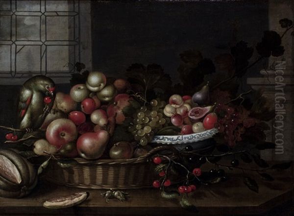 A Still Life With Pears, Apples And Peaches In A Wicker Basket, Grapes, Apricots, Figs And Cherries In A Wan-li Bowl, Together With A Parrot Eating Cherries, And A Melon And Hazelnuts On A Table, A Partial View Of A Window On The Left Oil Painting by Michiel Simons