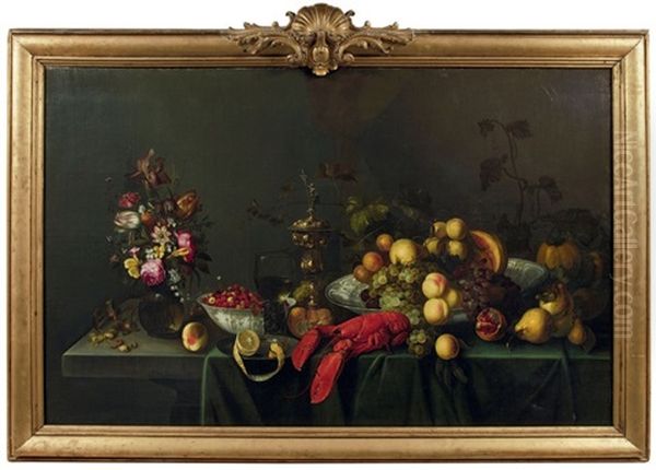 Nature Morte A La Coupe De Peches Et Raisin, Homard, Romer, Pokal, Coupe Wanli De Fraises Des Bois Oil Painting by Michiel Simons