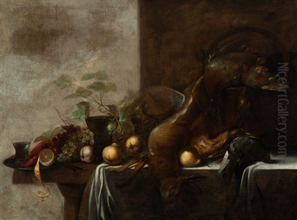 Still Life With Hare, Game, Lobster, Fruit And Wine Glasses Oil Painting by Michiel Simons