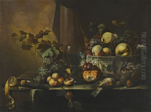 Still Life Of Fruits Including Peaches, Grapes, A Pear, And A Lemon With Assorted Game Arranged On A Table Ledge With A Roemer And A Porcelain Bowl Oil Painting by Michiel Simons