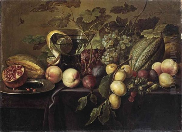 Plums, Peaches, Grapes, Melons, A Half Pomegranate, And A Peeled Lemon In A Glass, All On A Partially Draped Table Oil Painting by Michiel Simons