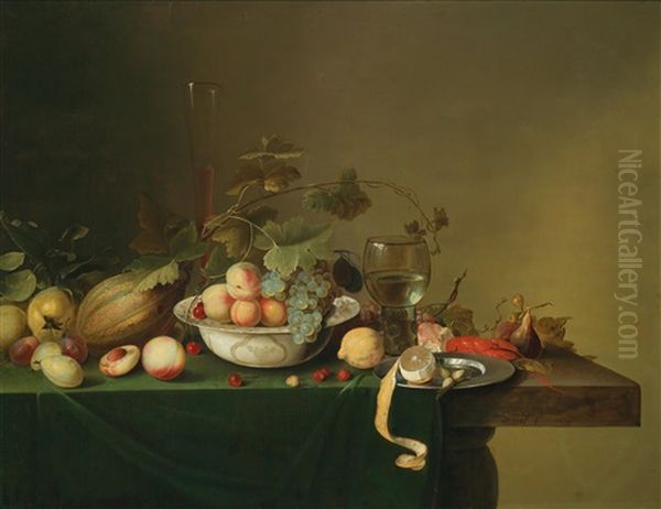 Ein Fruchtestillleben Mit Einer Porzellanschale, Einem Romer Und Einem Gekochten Hummer Oil Painting by Michiel Simons