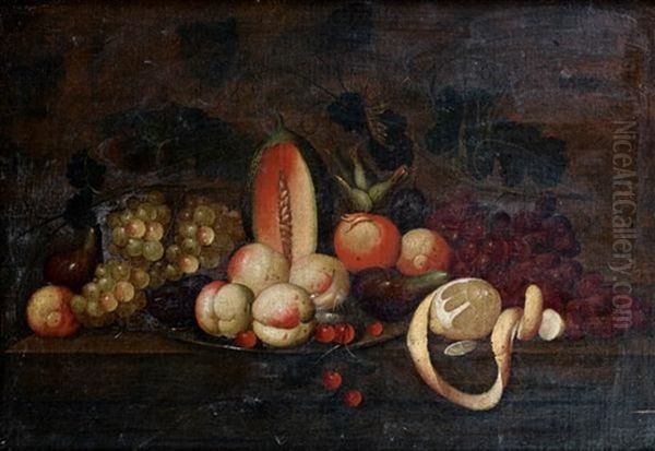 Nature Morte Aux Melons, Peches, Raisins Et Citrons Sur Un Entablement Oil Painting by Michiel Simons