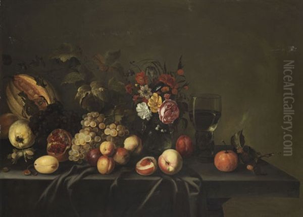 Fruchtestillleben Mit Blumenvase Und Romer by Michiel Simons