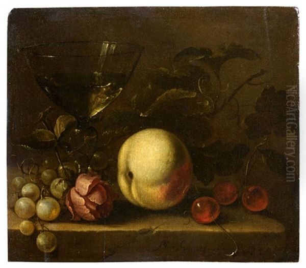 Composition Aux Cerises, Raisins, Rose, Peche Et Verre Sur Un Entablement Oil Painting by Michiel Simons