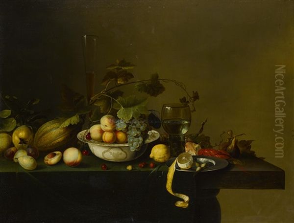 A Still Life With Fruit, Goblet And Lobster On A Wooden Table Oil Painting by Michiel Simons