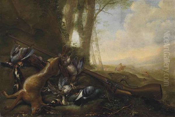 A Hare, Partridges, Finches And A Pigeon, With A Musket In A River Landscape, A Hawking Party Beyond Oil Painting by Michiel Simons