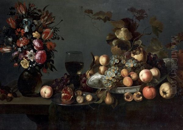 Nature Morte Au Bouquet De Fleurs Et Coupe De Fruits Sur Un Entablement Oil Painting by Michiel Simons