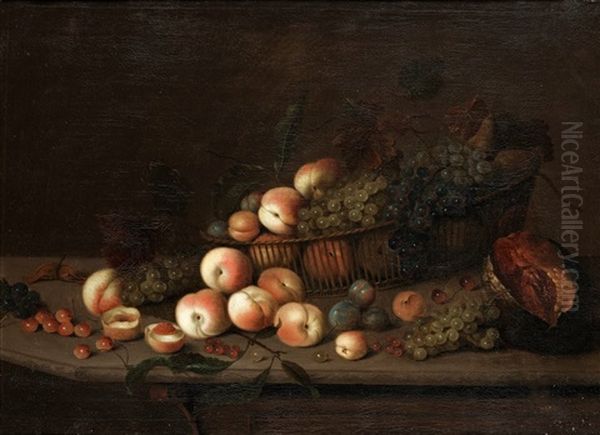 Stilleben Med Persikor, Plommon, Druvor Och Melon Oil Painting by Michiel Simons