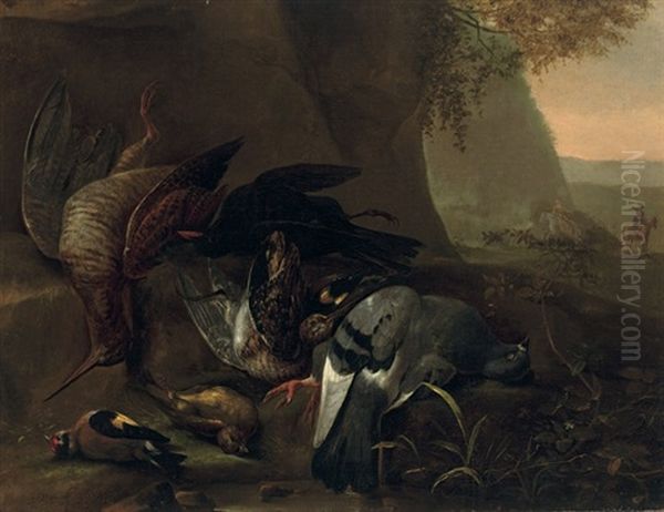 Game Including A Pigeon, Snipe, Jackdaw And Other Birds In A Wooded Landscape, Hunters Beyond Oil Painting by Michiel Simons