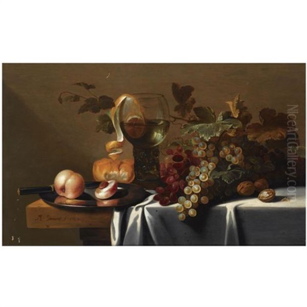 Still Life With Blue And White Grapes, Chestnuts, A Loaf Of Bread, Peaches And A Knife On A Pewter Plate, With A Peeled Lemon In A Roemer, All Arranged On A Partly Draped Table Oil Painting by Michiel Simons