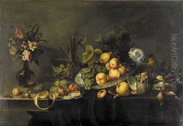 Still Life Of Peaches And Grapes In A Porcelain Dish, A Partly Peeled Lemon, An Open Pomegranate And Loose Cherries, Along With Dead Game, Oysters And Hazelnuts, All Arranged On A Partly Draped Table Oil Painting by Michiel Simons